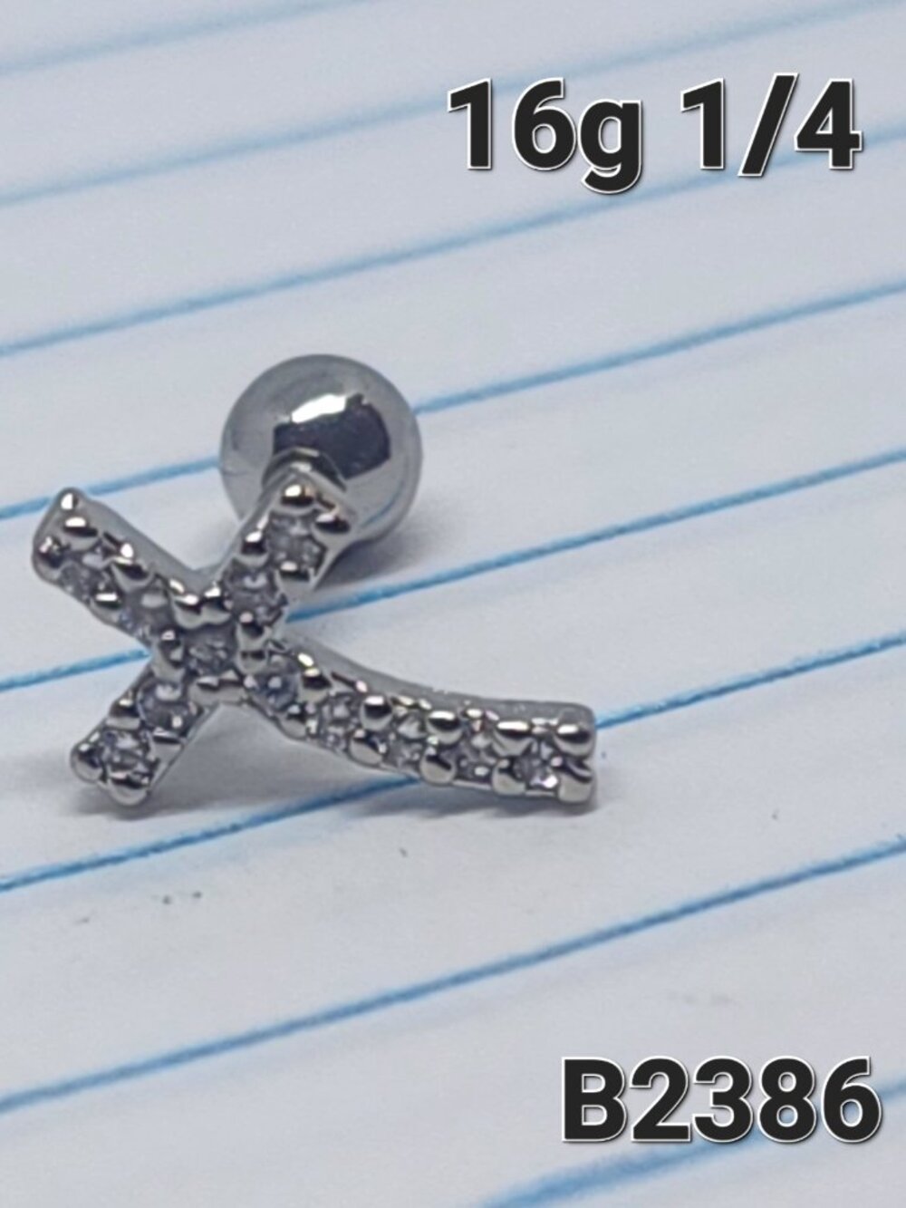 16g Silver CZ Cross 1/4 Cartilage Crawler Barbell Ring B2386